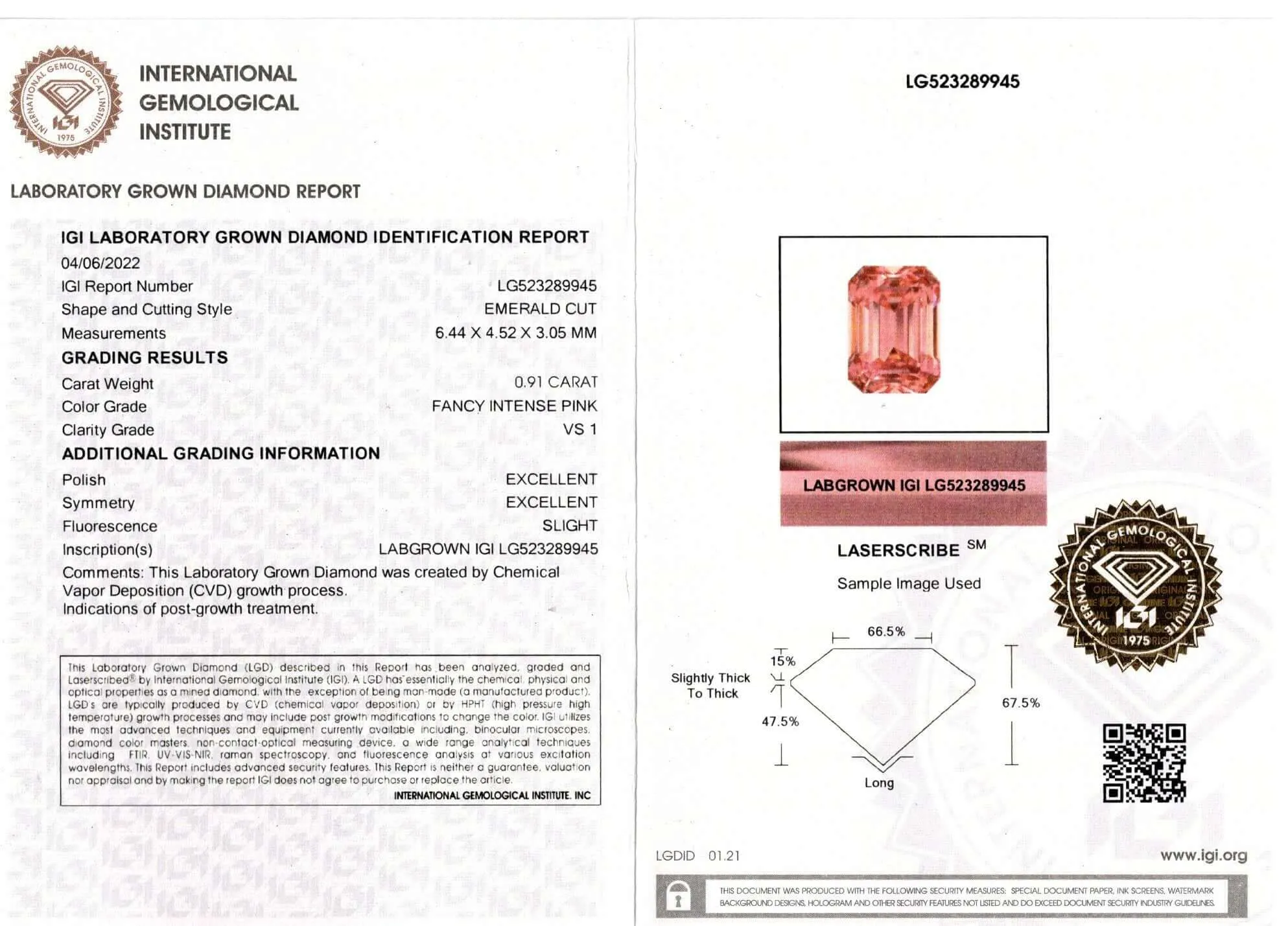 0.91ct CERTIFIED FANCY INTENSE PINK VS1 LAB CREATED DIAMOND EMERALD CUT LOOSE