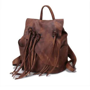 13" Medium Ladies Brown Leather Fringe Backpack Purse Cool Book Bags for Women