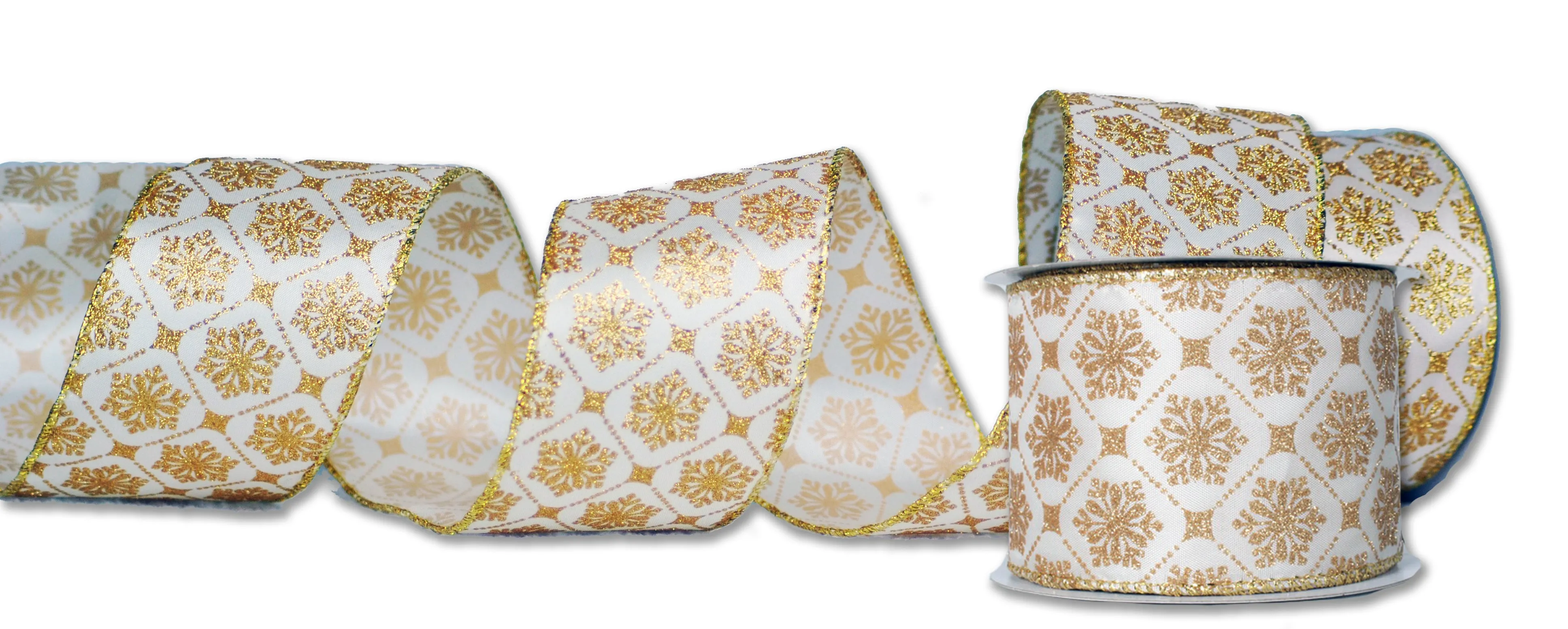 2 Pack of 30' Beige Ribbon with Gold Designs and Glitter Enhancements