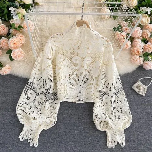 2021 New!!! Women's Sexy Lace Blouse Casual Lantern Long Sleeve Size One Size