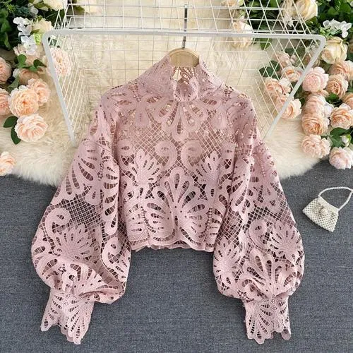 2021 New!!! Women's Sexy Lace Blouse Casual Lantern Long Sleeve Size One Size