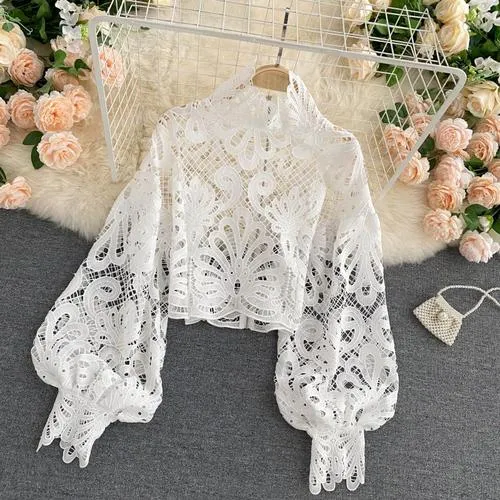 2021 New!!! Women's Sexy Lace Blouse Casual Lantern Long Sleeve Size One Size