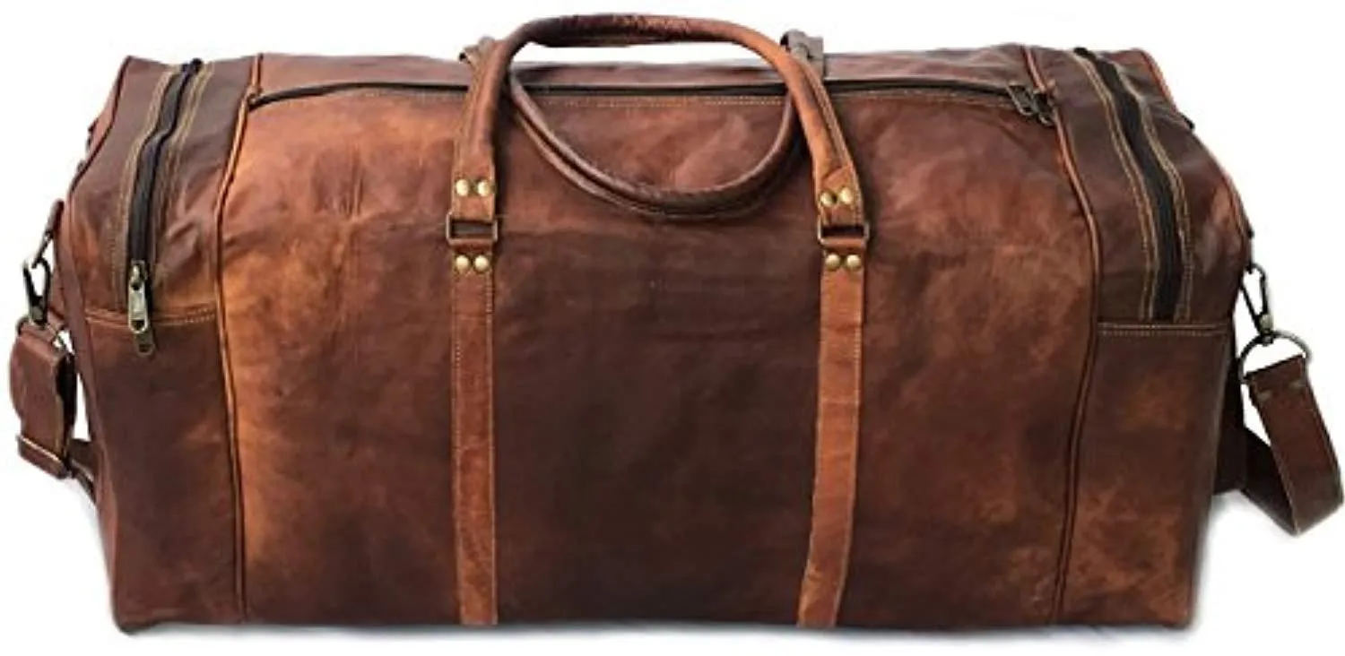 30" Inch Real Goat Vintage Leather Large Handmade Travel Luggage Bags in Square Big Large Brown bag Carry On (28 inch)