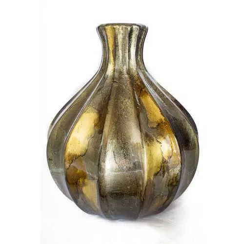 8.75" X 8.75" X 10" Amber Brown Bronze Ceramic Foiled and Lacquered Gourd Vase