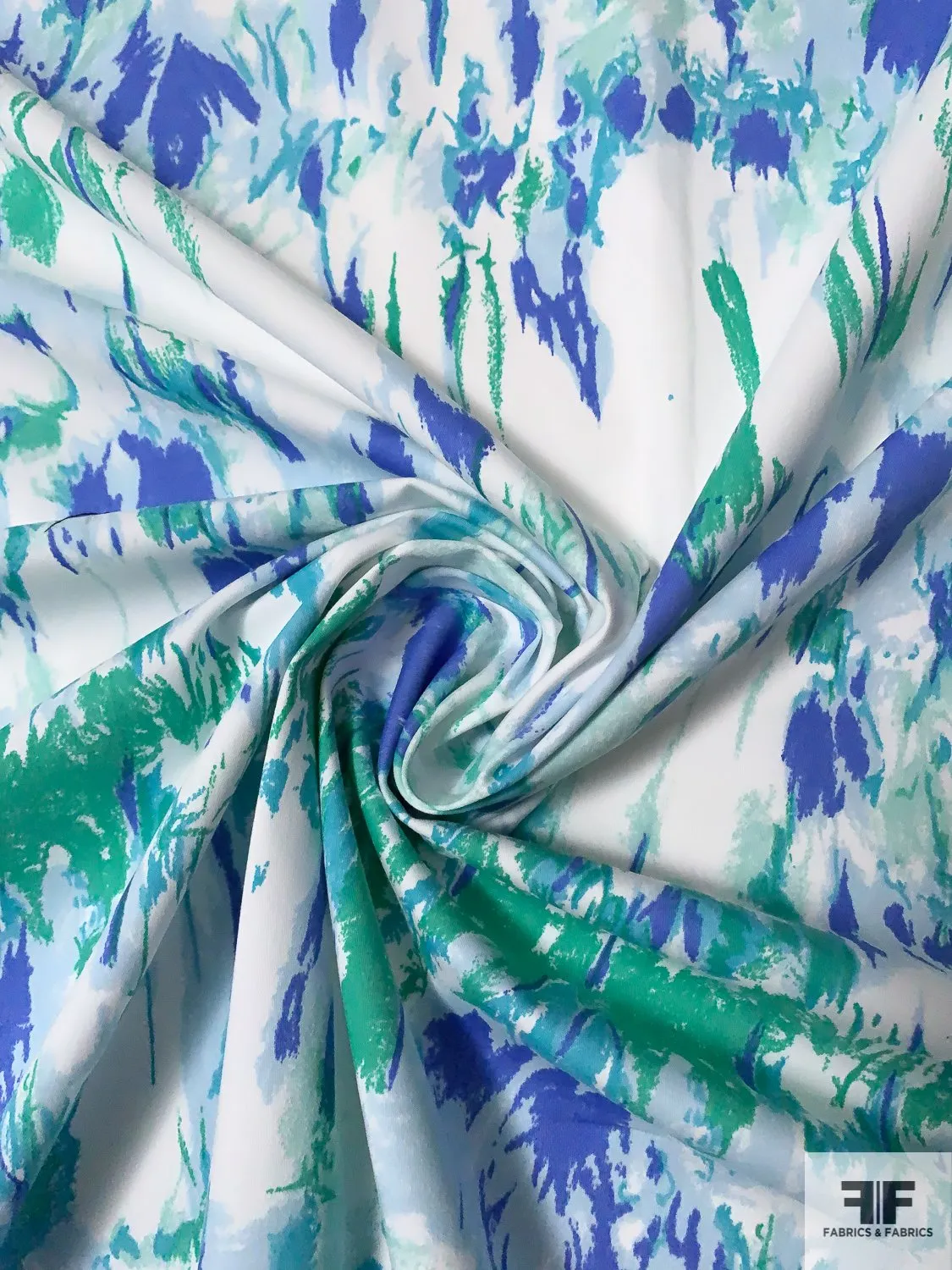 Abstract Printed Fine Stretch Cotton Twill - Ocean Green / Periwinkle / Sky Blue / White