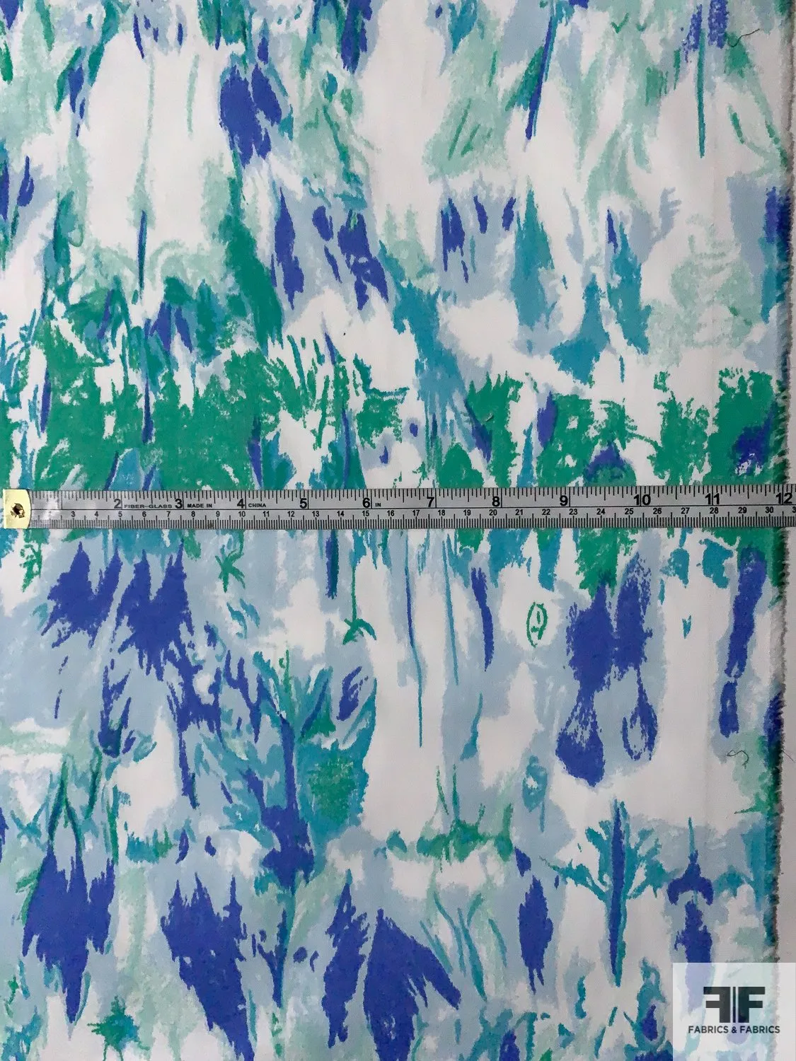 Abstract Printed Fine Stretch Cotton Twill - Ocean Green / Periwinkle / Sky Blue / White