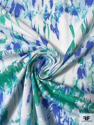 Abstract Printed Fine Stretch Cotton Twill - Ocean Green / Periwinkle / Sky Blue / White