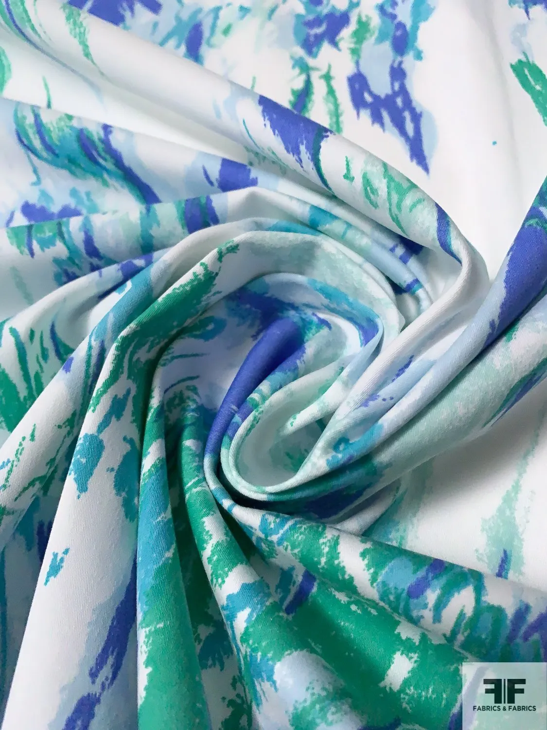 Abstract Printed Fine Stretch Cotton Twill - Ocean Green / Periwinkle / Sky Blue / White