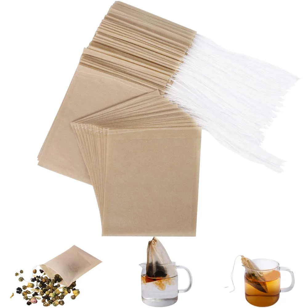 Aksuaple Eco-Fil Disposable Tea Filter Bags for Loose Tea, Wood Pulp Material, Biodegradable and Compostable, Unbleached Empty Tea Infuser Sachets with Drawstring, 100 Pack (3.2inch x 4.0inch)