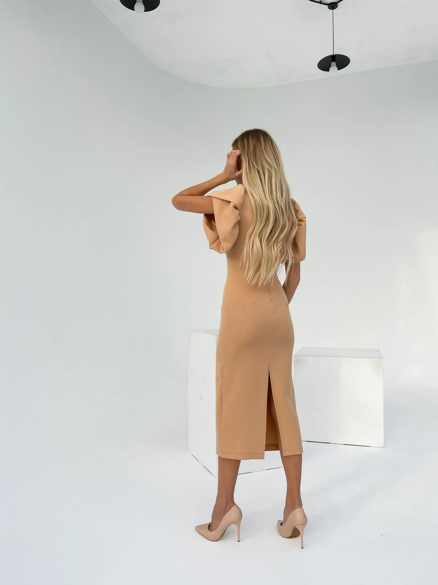 Alexa Beige Puff Sleeve Midi Dress