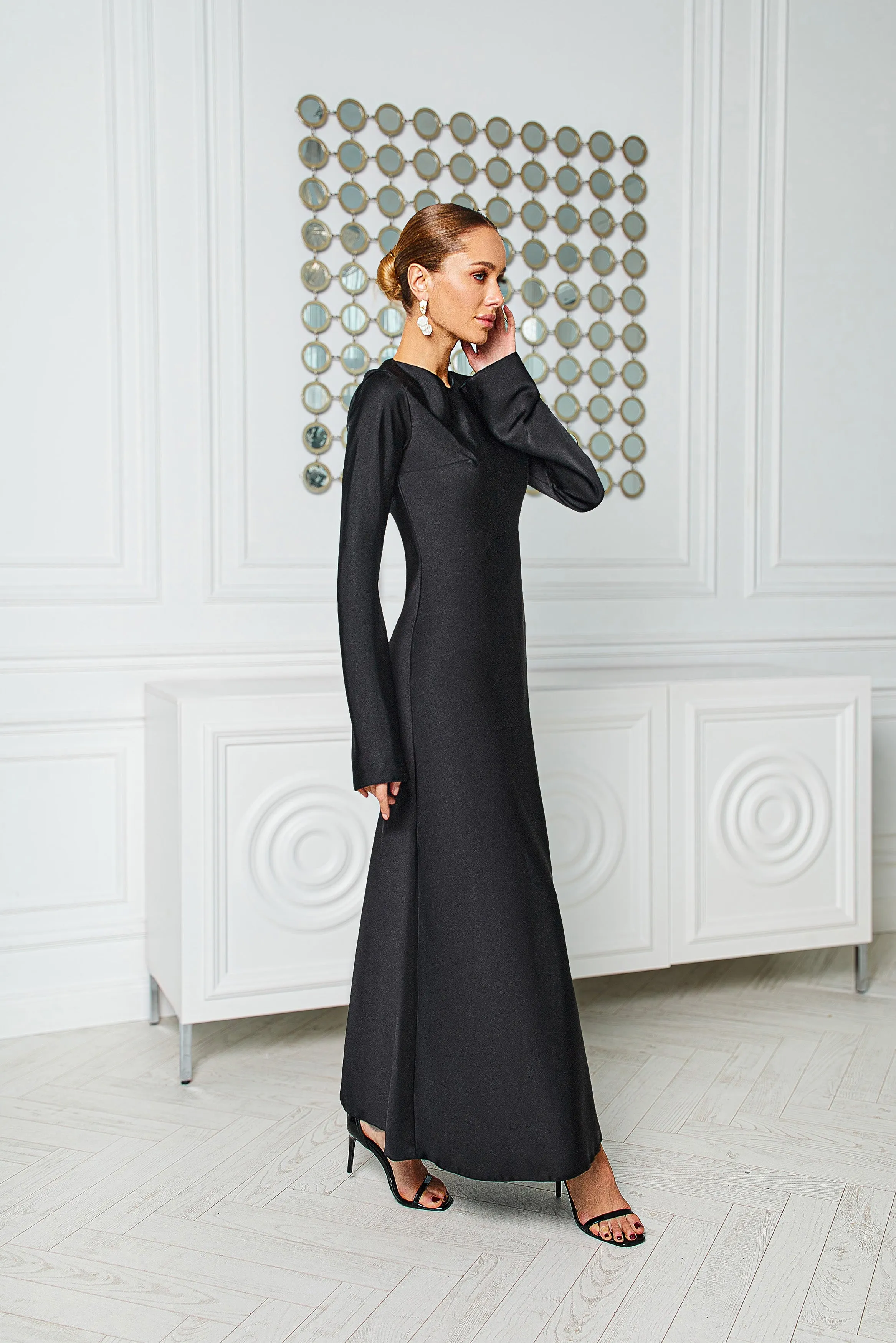 Alexa Black Satin Long Sleeve Maxi Dress