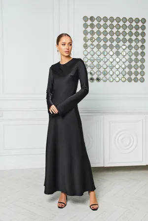 Alexa Black Satin Long Sleeve Maxi Dress