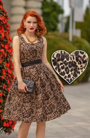 Amanda Retro Swing Dress in Brown Leopard Animal Print