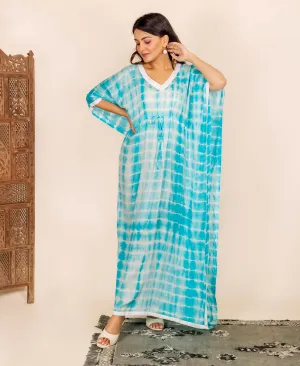 Aqua Tie and Dye Kaftan With Adjustable Waist Line