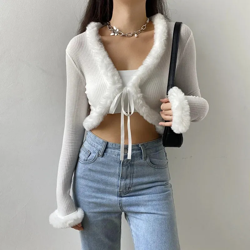 Autumn Winter Faux Fur Trim Long Sleeve T-shirts Front Tie Up Knitted Sexy T shirt Women Cardigan Cropped Top Tee