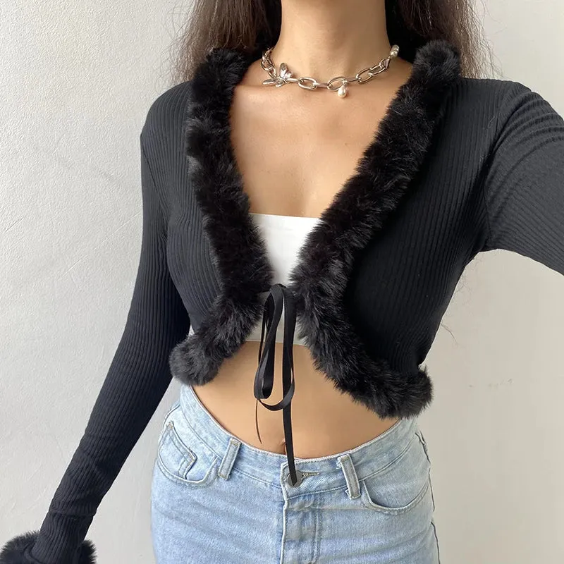 Autumn Winter Faux Fur Trim Long Sleeve T-shirts Front Tie Up Knitted Sexy T shirt Women Cardigan Cropped Top Tee