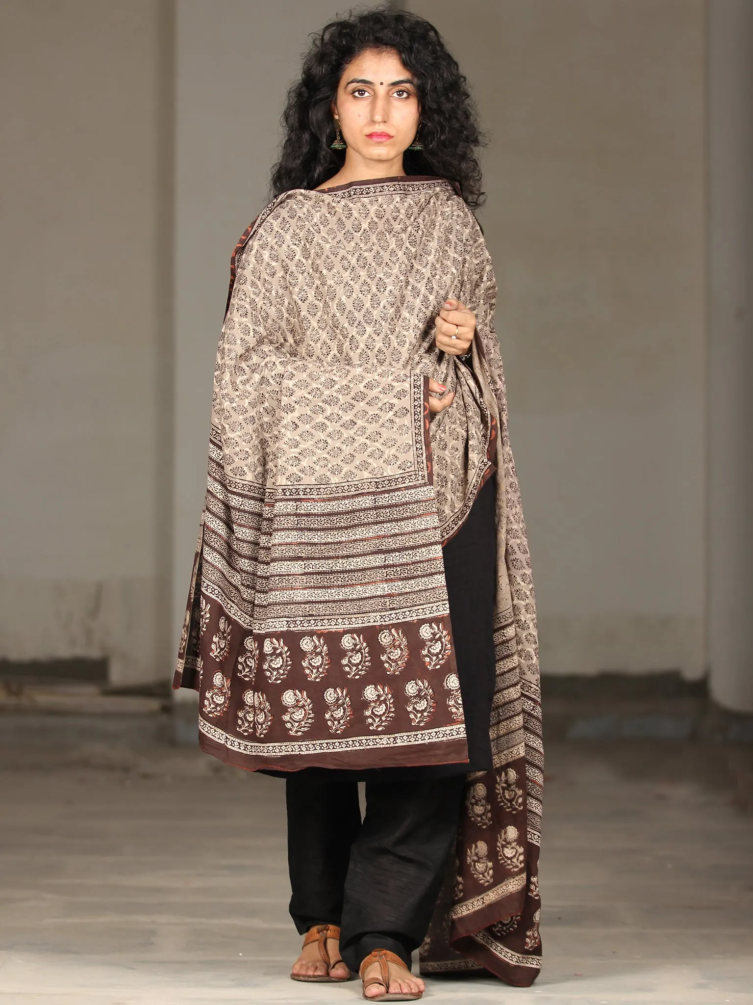 Beige Black Brown Cotton Hand Block Printed Dupatta  - D04170404