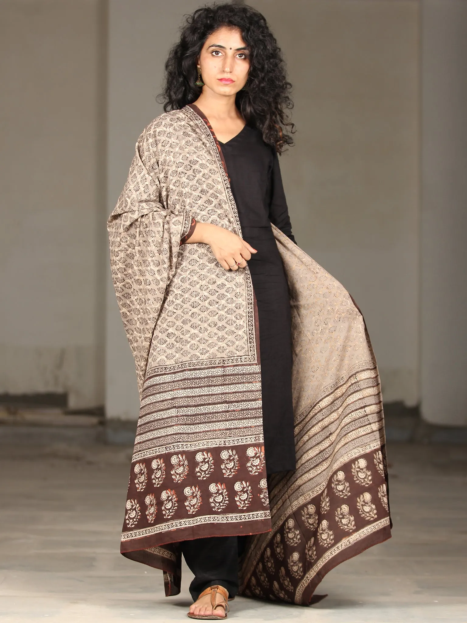 Beige Black Brown Cotton Hand Block Printed Dupatta  - D04170404