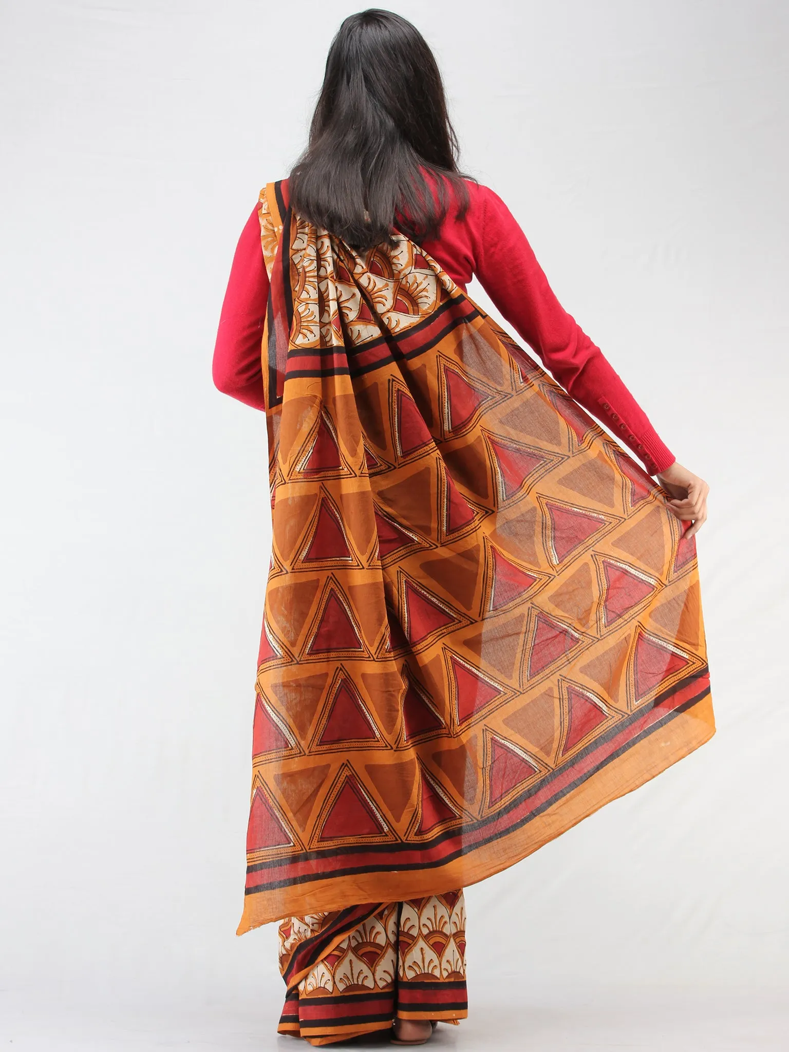 Beige Mustard Red Hand Block Printed Cotton Mul Saree - S031704456