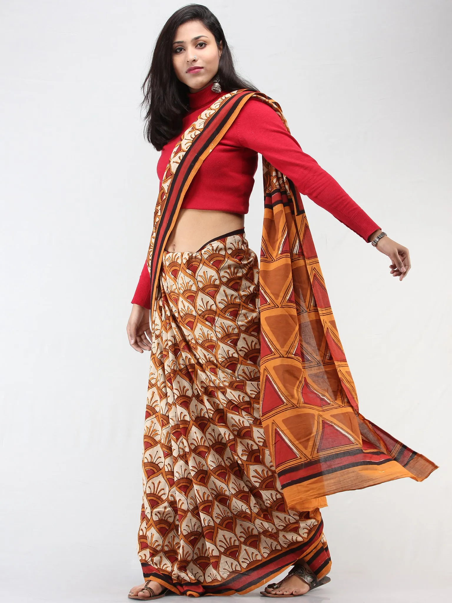 Beige Mustard Red Hand Block Printed Cotton Mul Saree - S031704456