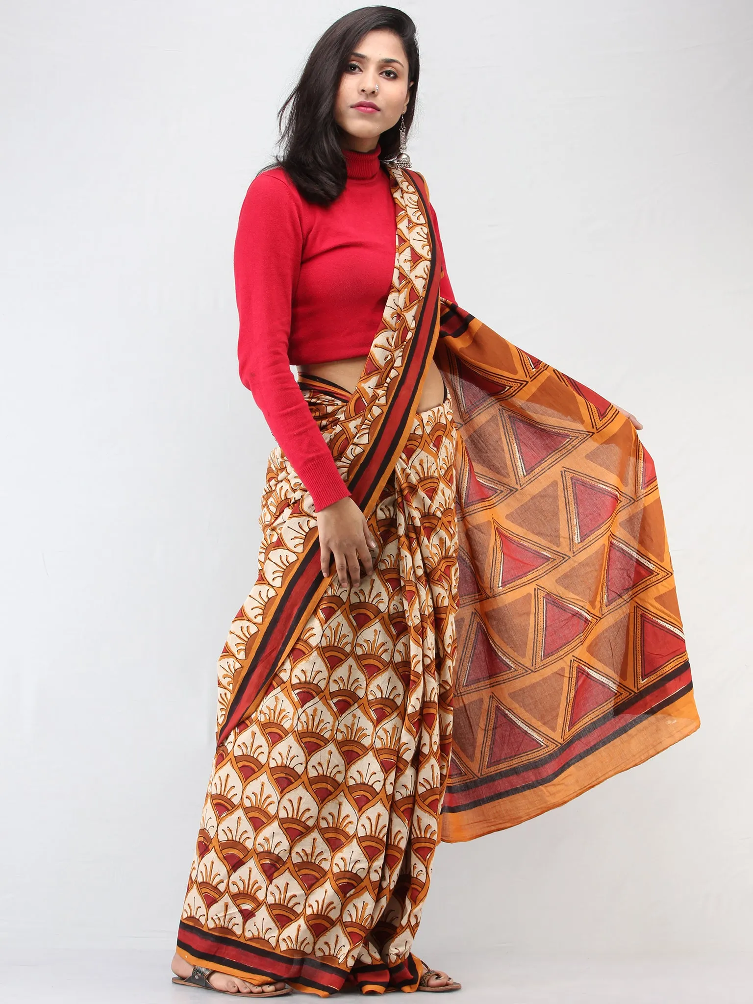 Beige Mustard Red Hand Block Printed Cotton Mul Saree - S031704456