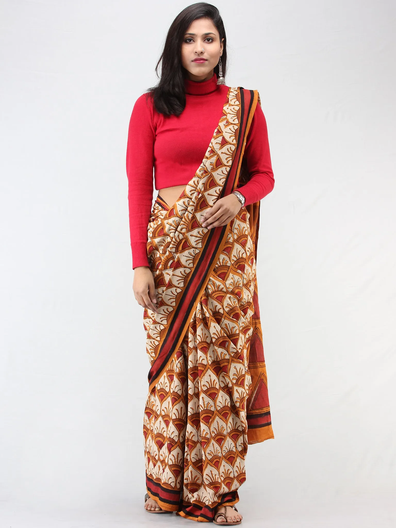 Beige Mustard Red Hand Block Printed Cotton Mul Saree - S031704456