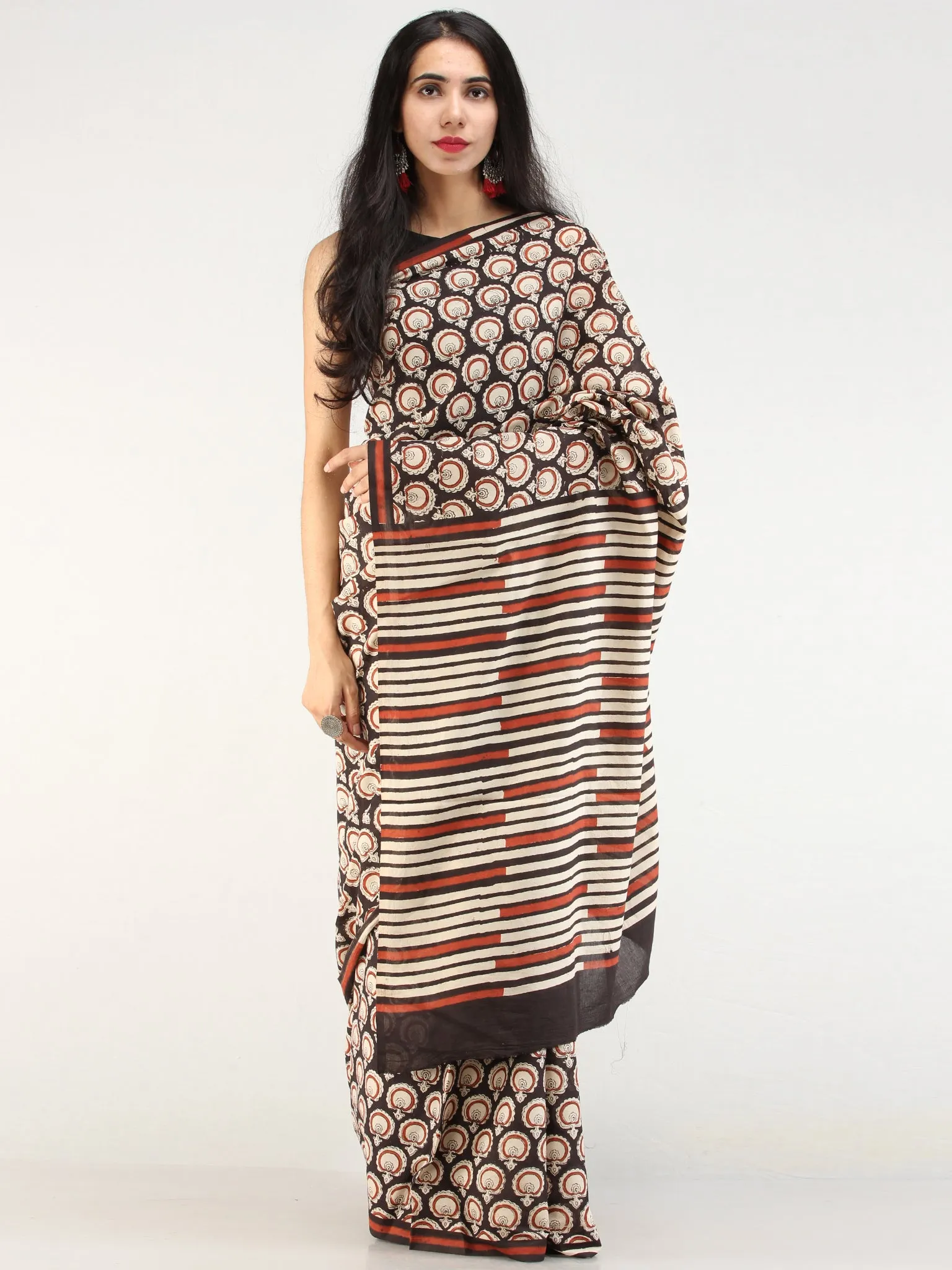 Black Beige Rust Hand Block Printed  Cotton Mul Saree - s031704545