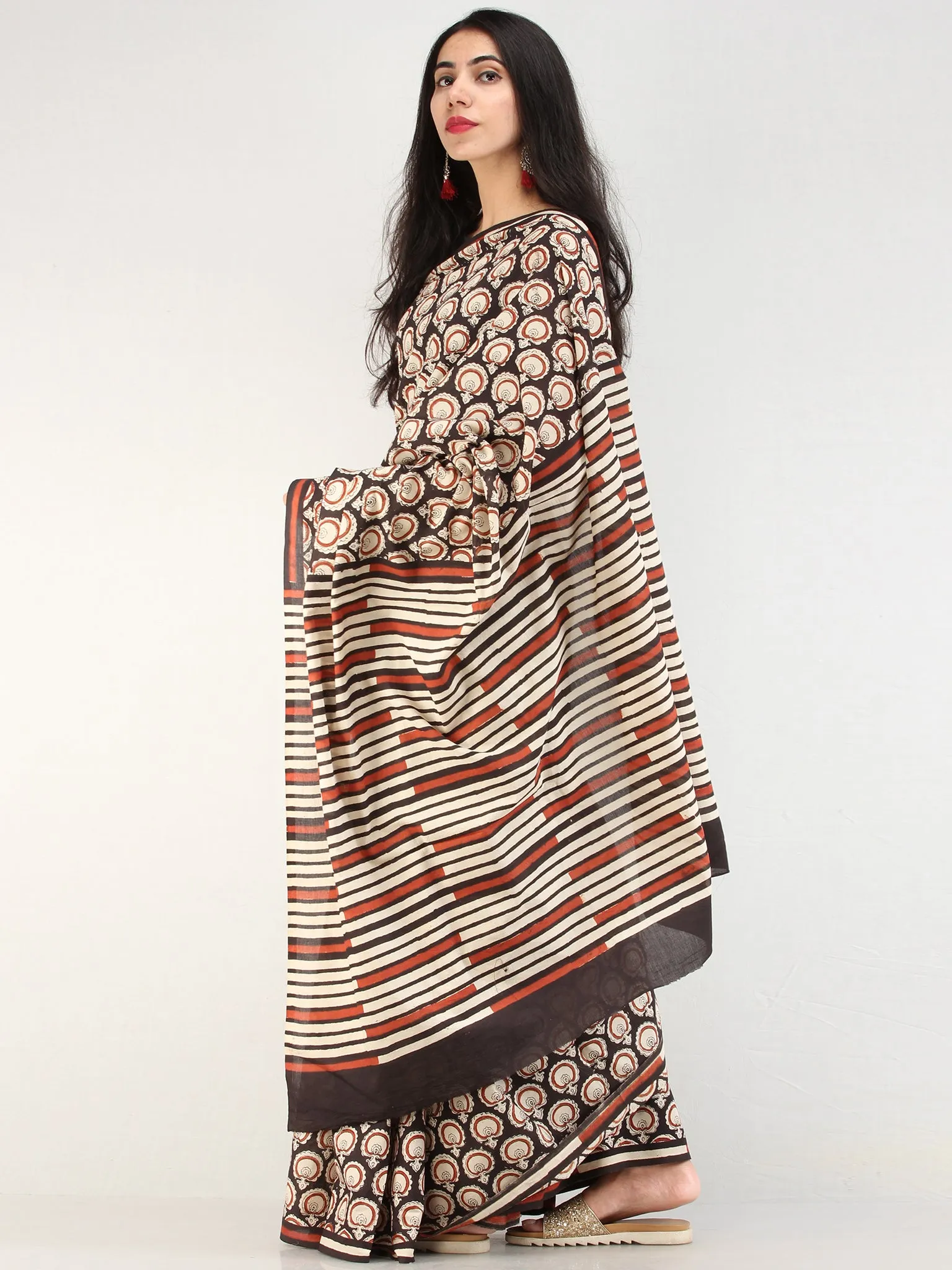 Black Beige Rust Hand Block Printed  Cotton Mul Saree - s031704545