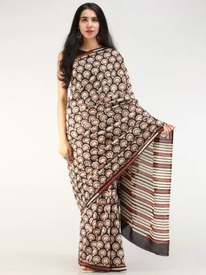 Black Beige Rust Hand Block Printed  Cotton Mul Saree - s031704545