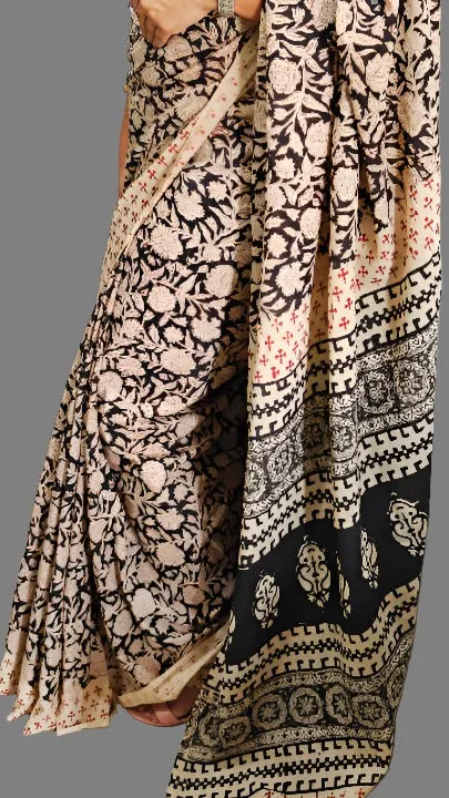 Black Hand Block Print Cotton Mul-Mul Saree