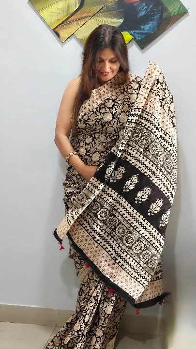 Black Hand Block Print Cotton Mul-Mul Saree