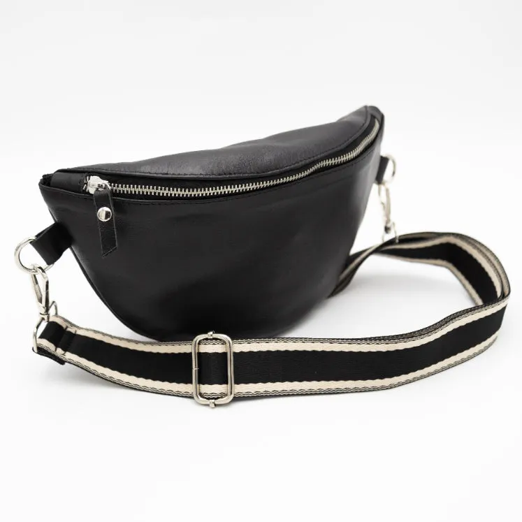 Black Leather Bum Bag (w Silver Fittings)