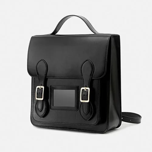 Black Small Ladies Square Leather Flap Backpack Purse Knapsack for Women