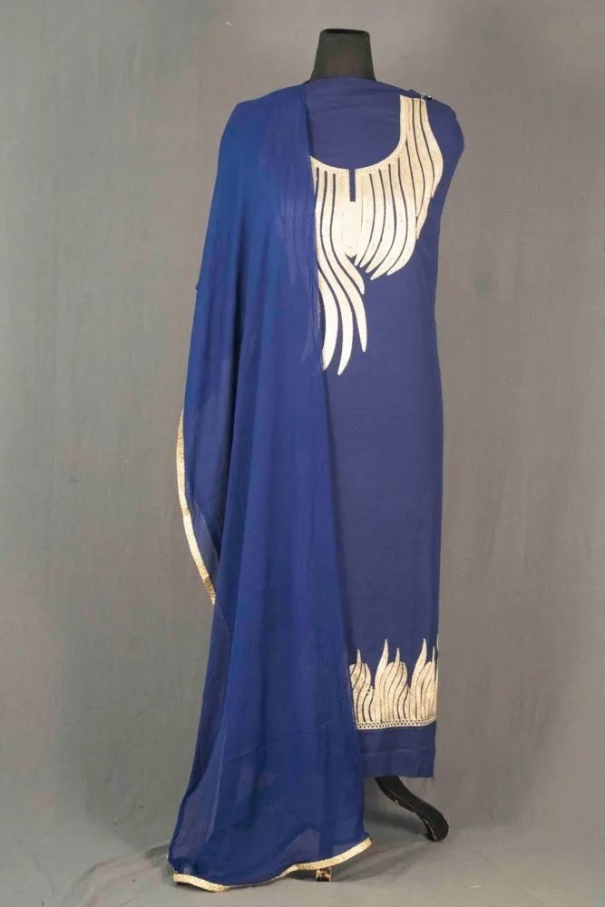 Blue Colour Kashmiri Tilla Aari Work Salwar Kameez Exclusive Neckline Pattern With Embroidered Dupatta