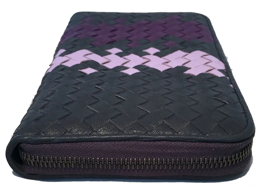 Bottega Veneta Woven Grey and Purple Leather Zip Wallet