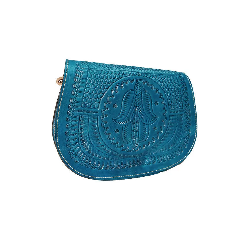 Brown Leather Cross Body Bag with Hamsa Engraving