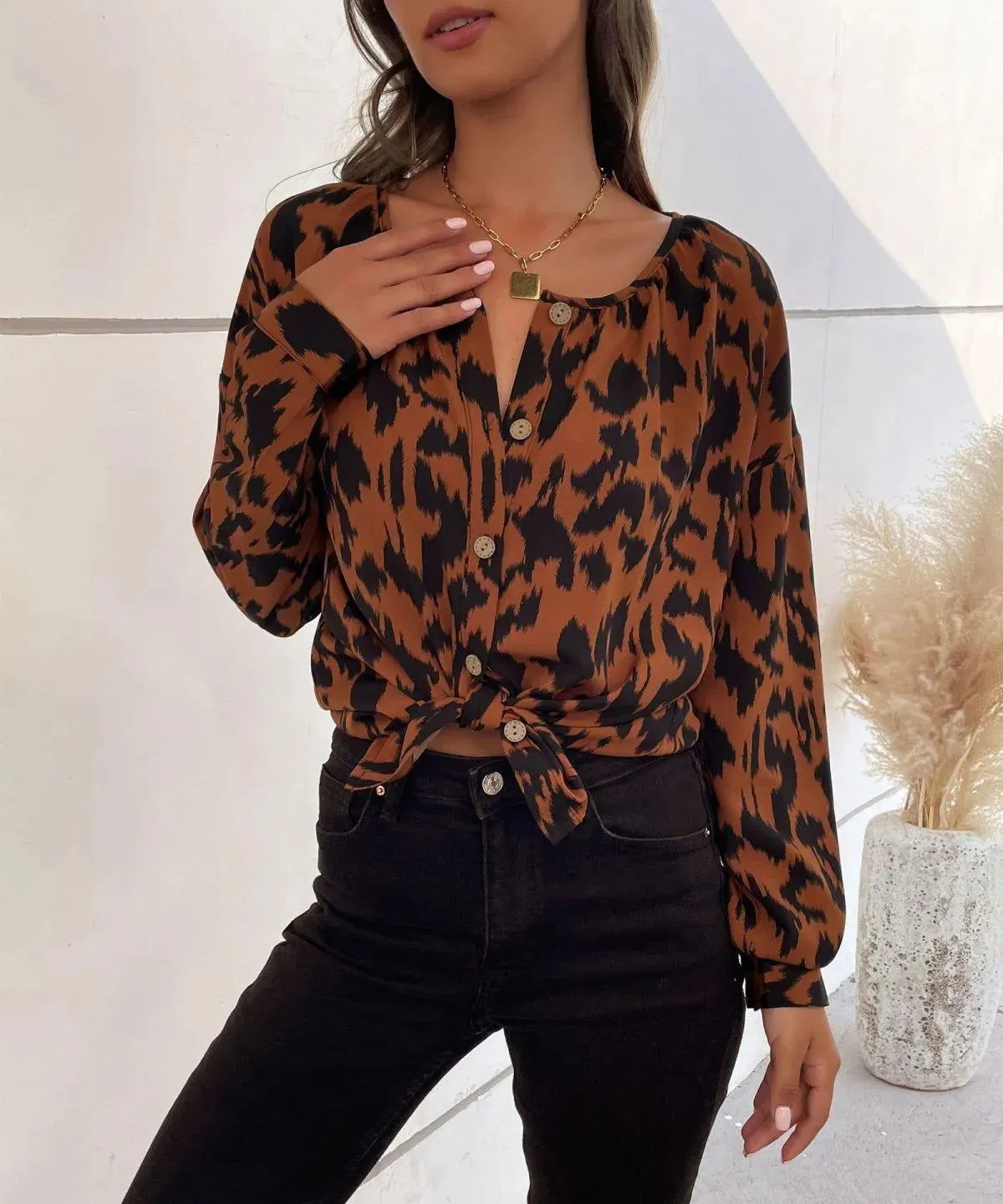 Brown Round Neck Button Down Leopard Blouse