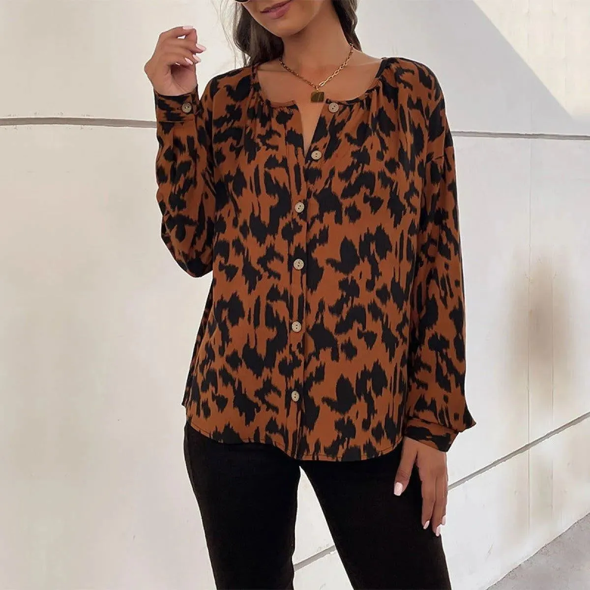 Brown Round Neck Button Down Leopard Blouse