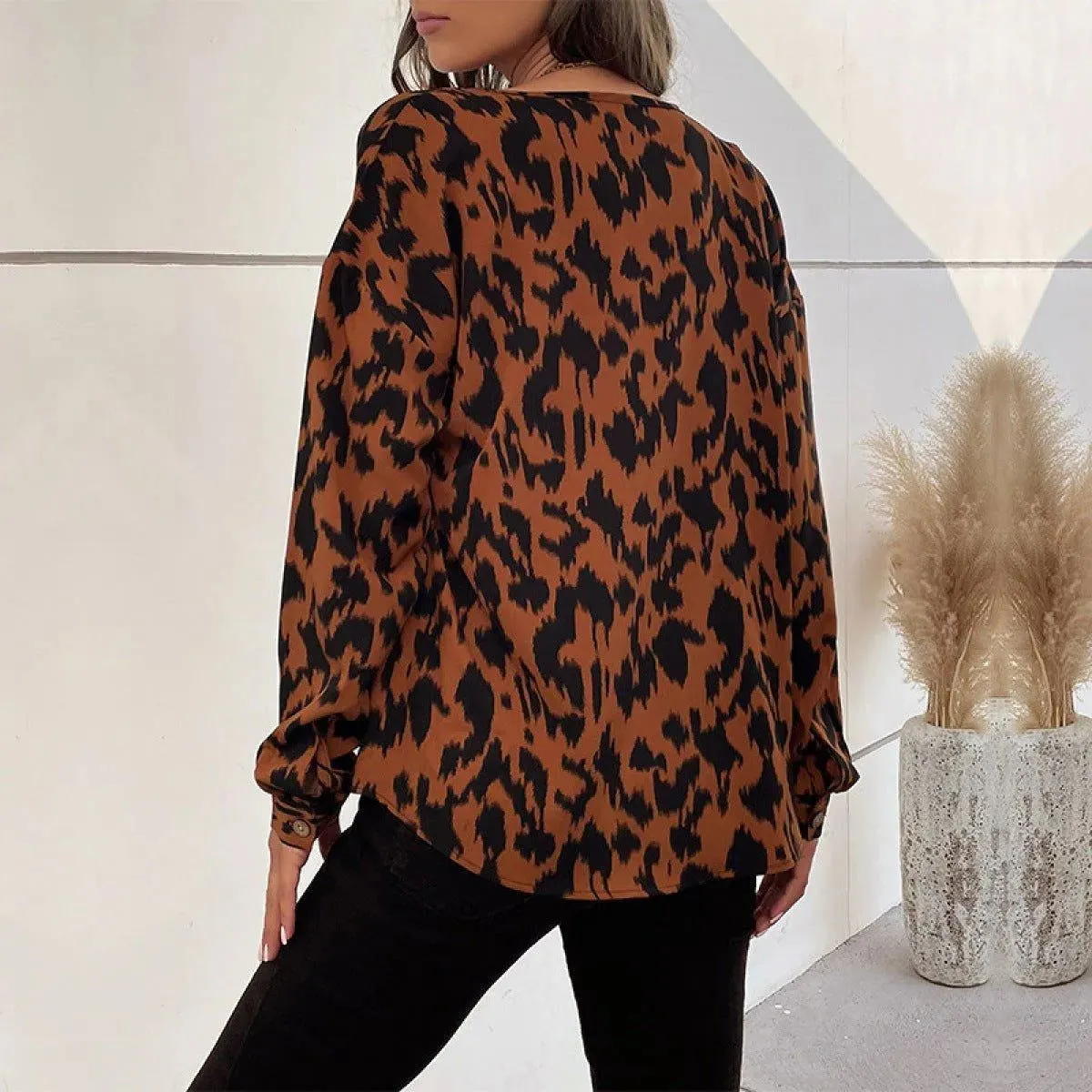 Brown Round Neck Button Down Leopard Blouse