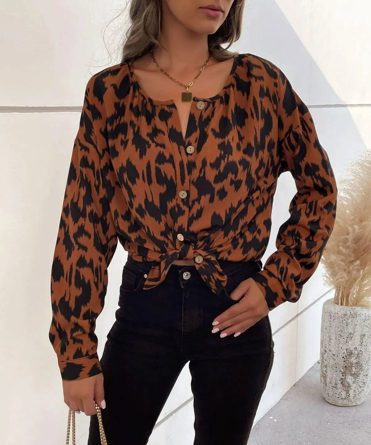 Brown Round Neck Button Down Leopard Blouse