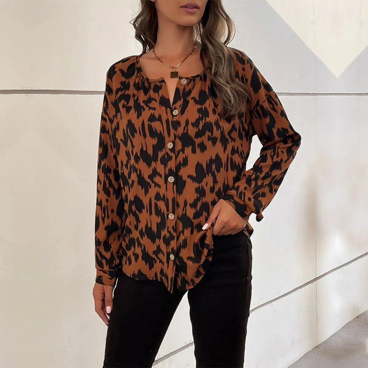 Brown Round Neck Button Down Leopard Blouse