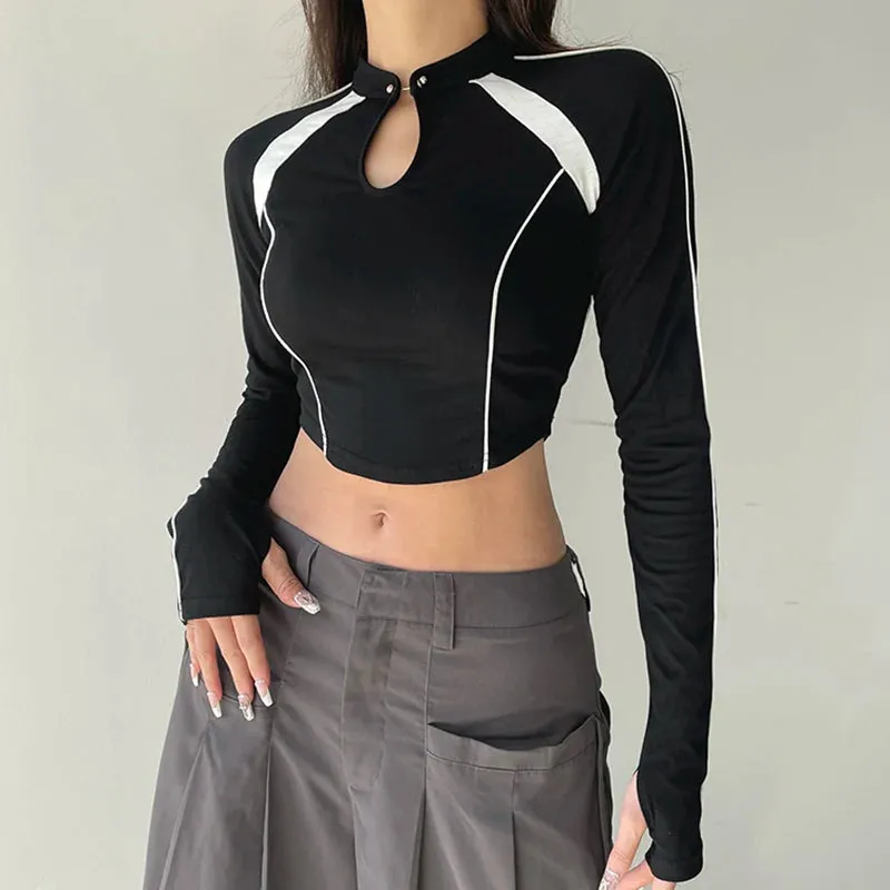 Casual Moto&Biker Style Skinny Women T-shirts Street Stripe Patchwork Crop Top Autumn Tee Shirts Sporty Basic Clothes