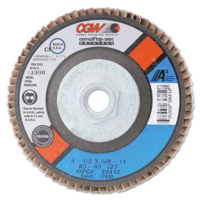 CGW Abrasives Flap Discs, A3 Aluminum Oxide, Reg, 4 1/2", 80 Grit, 5/8-11 Arbor, 13300rpm, T29, 39435