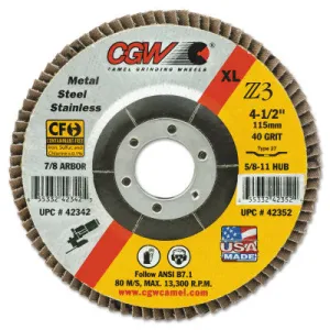 CGW Abrasives Prem Z3 Reg T29 Flap Disc, 4-1/2 in dia, 80 Grit, 5/8 in-11 Arbor, 13,300 RPM, 42335