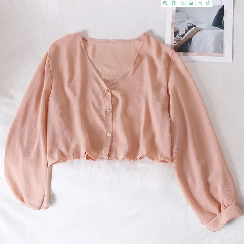 Chiffon Women Summer Thin Shirts Beach Long Sleeve Perspective Sun Shirt Sexy V Neck Button Up Female Crop Tops