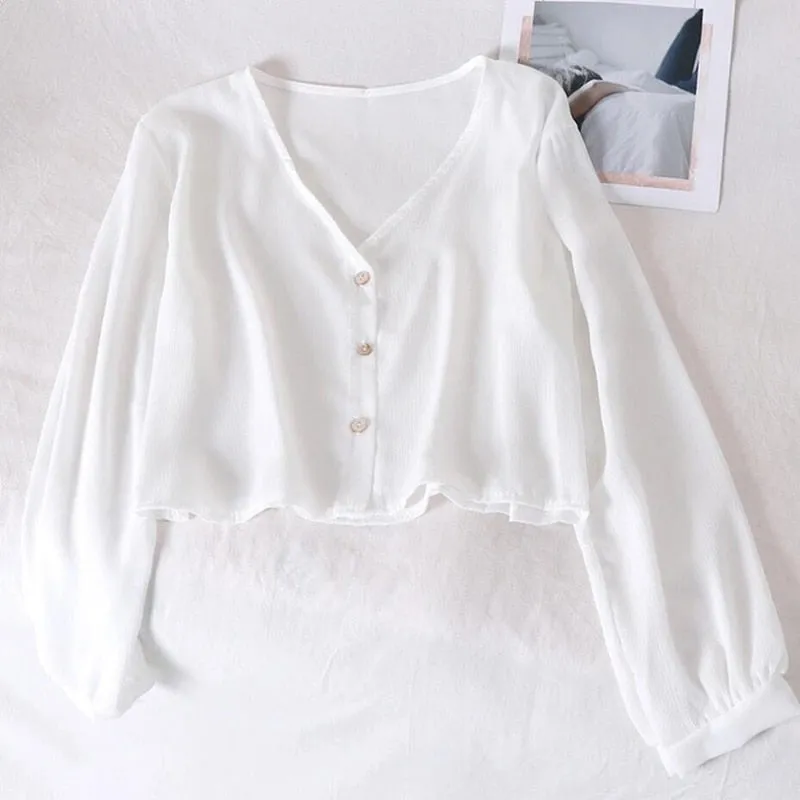 Chiffon Women Summer Thin Shirts Beach Long Sleeve Perspective Sun Shirt Sexy V Neck Button Up Female Crop Tops