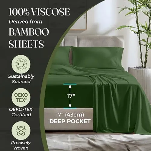 DECOLURE 100% Organic Viscose Derived from Bamboo Sheets King Size 4pcs - Ultra Soft & Luxuriously Cooling, 17" Deep Pocket, Double Stitching, Perfect for Hot Sleepers - King Bed Sheets (Olive)