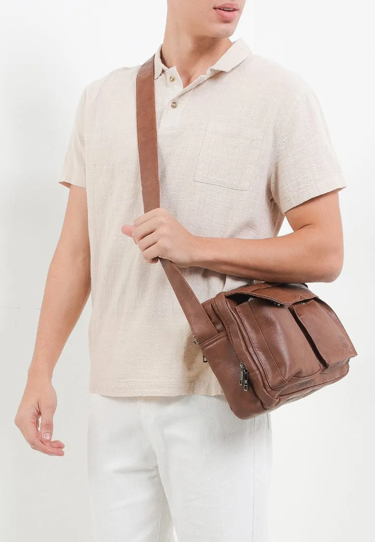 Distressed Leather Track Crossbody Bag - Camel