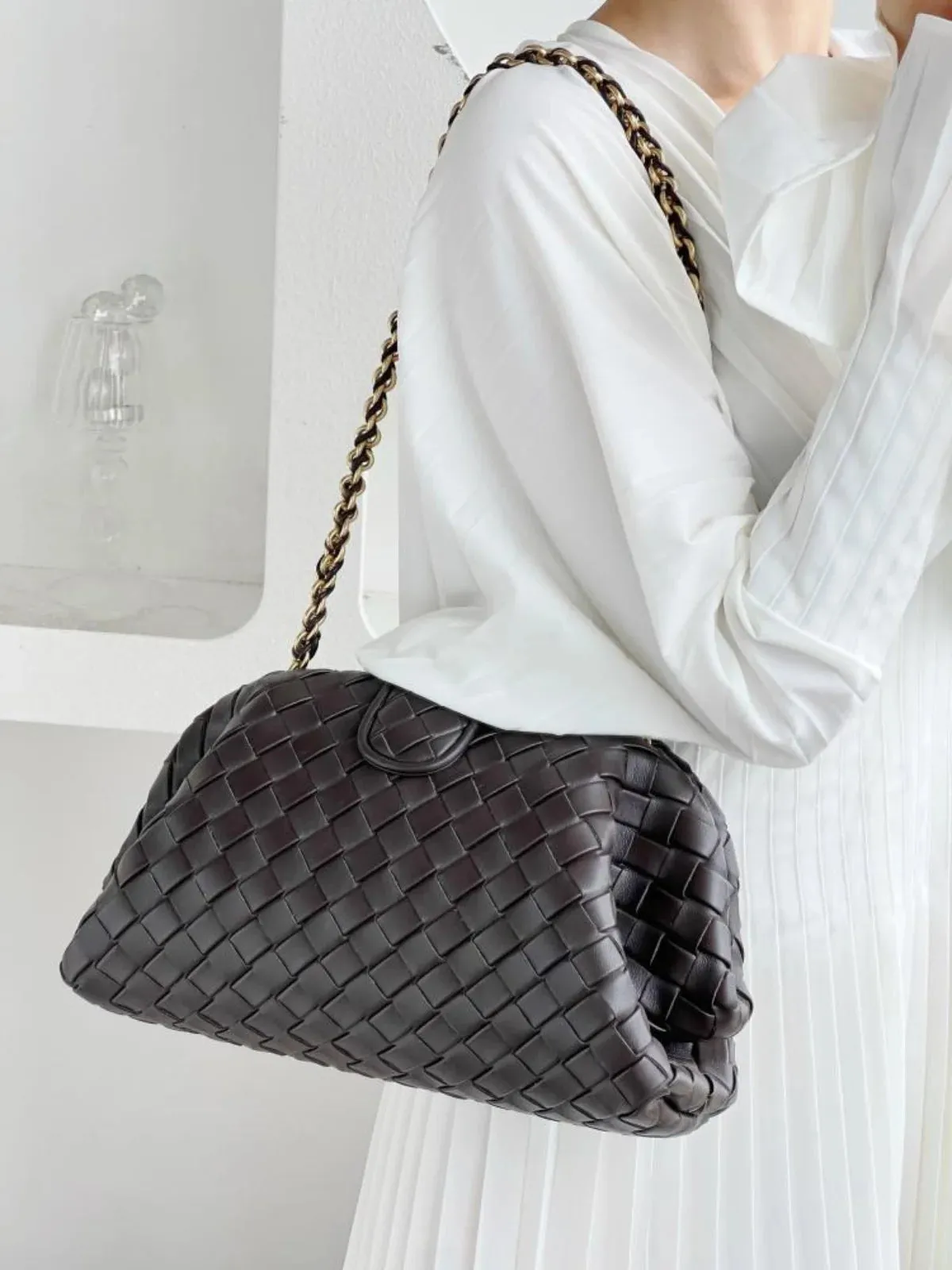 Faux Leather Braided Chain Handbag