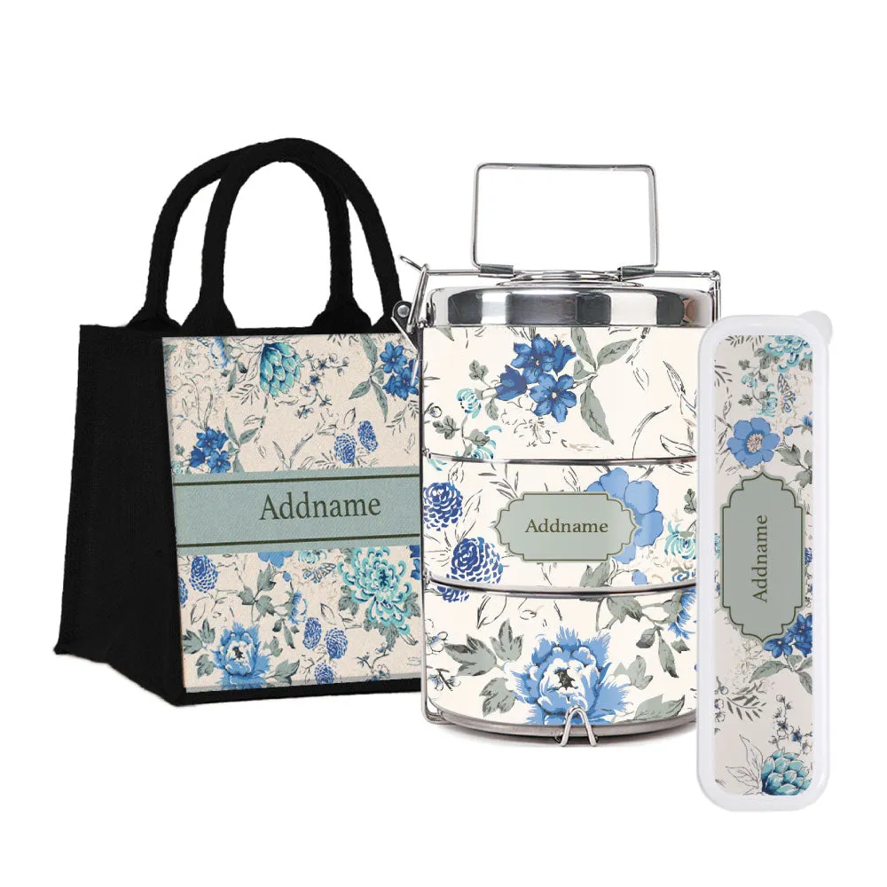 Flora Carolina Tiffin Carrier, Jute Tote Bag  & Cutlery Set [FREE Custom Add Name]